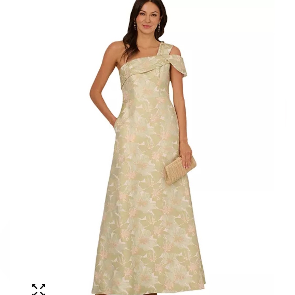 Adrianna Papell One-Shoulder Floral Gown in Sage Green and Blush
